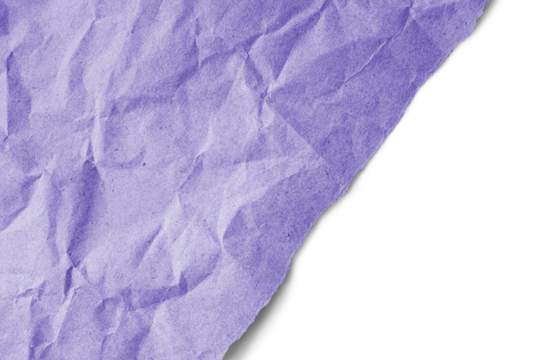 Recycled crumpled purple paper texture with diagonal torn edge isolated on transparent, white background, PNG. Wrinkled and creased abstract backdrop, wallpaper with copy space, top view.