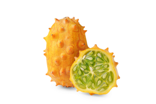 Kiwano fruit, green horned melon isolated on white, transparent background, PNG. Organic orange kiwano, African horned melon slices with green, jelly like inside with seeds close up.