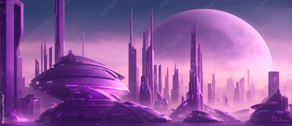 Poster Futuristic city landscape in purple theme from Generative AI