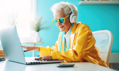 Cool happy grandmother  with laptop