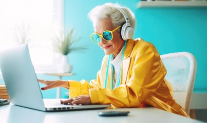 Poster Cool happy grandmother  with laptop © iDoPixBox