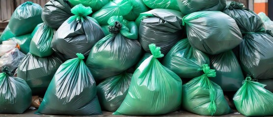 Bunch of green garbage plastic bags from Generative AI - obrazy, fototapety, plakaty