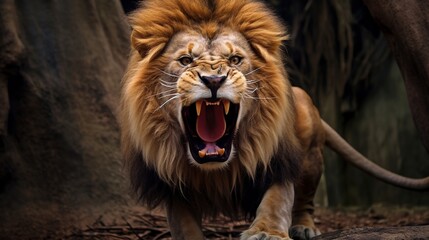 Angry lion shows his fangs - obrazy, fototapety, plakaty