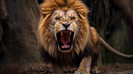 Gordijnen Angry lion shows his fangs © vie_art