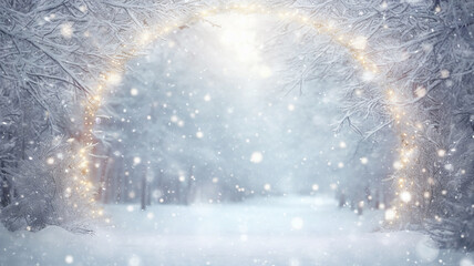 winter background, abstract park decorated alley outside, blurred layout blank copy space, park covered with snow, entrance to the forest, arch