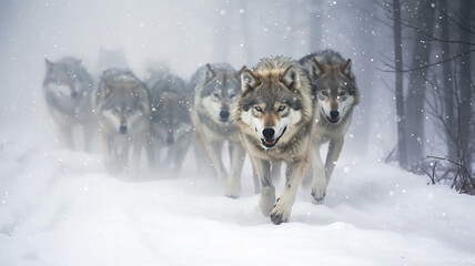 a group of wild wolves in the winter forest, wildlife