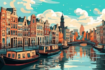 Amsterdam scenery, adorable cartoon style. Digital artwork illustration. Generative AI - obrazy, fototapety, plakaty