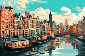 Papier Peint photo Chambre denfants Amsterdam scenery, adorable cartoon style. Digital artwork illustration. Generative AI