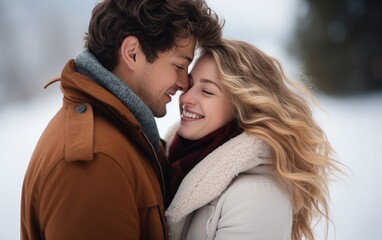 Beautiful couple in love enjoying each other in winter