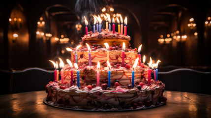 Closeup on a birthday cake with candles.
