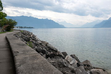 Panorama from town of Vevey to Lake Geneva, Switzerland