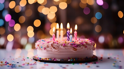 Closeup on a birthday cake with candles.