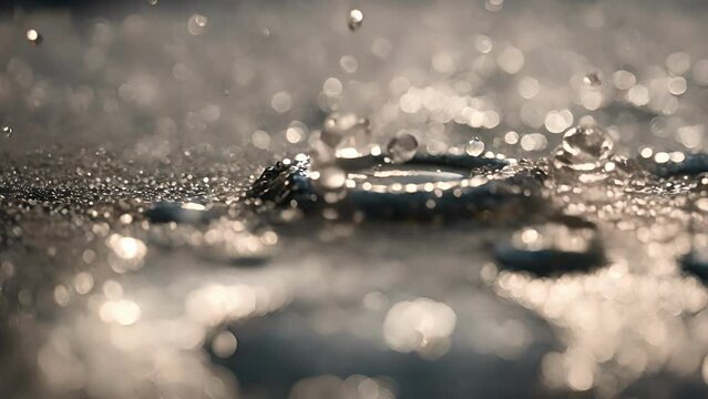 Closeup remaining water droplets surface puddle they slowly disappear into air, leaving behind only small amount residue.