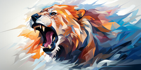 Flat lion graphic leaping forward on white.generative ai - obrazy, fototapety, plakaty