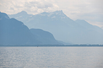 Obraz premium Panorama from town of Vevey to Lake Geneva, Switzerland