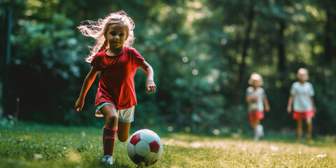 Girl playing soccer with red uniform
