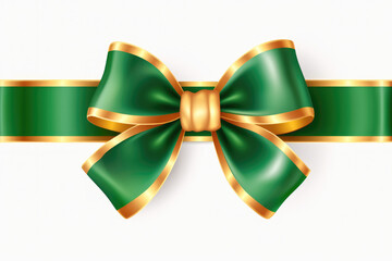 Shiny green satin ribbon with bow with gold line on white background. Christmas gift concept. 