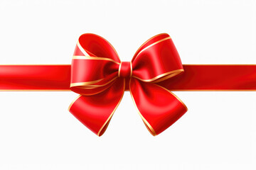 Shiny red satin ribbon with bow with gold line on white background. Christmas gift concept. 