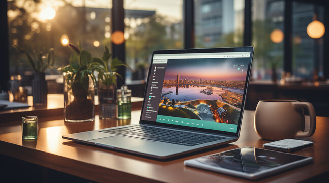 a desk with both a laptop and desktop computer, symbolizing the hybrid work approach where employees choose their preferred devices