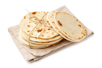 Bunch of tasty pita bread on white background