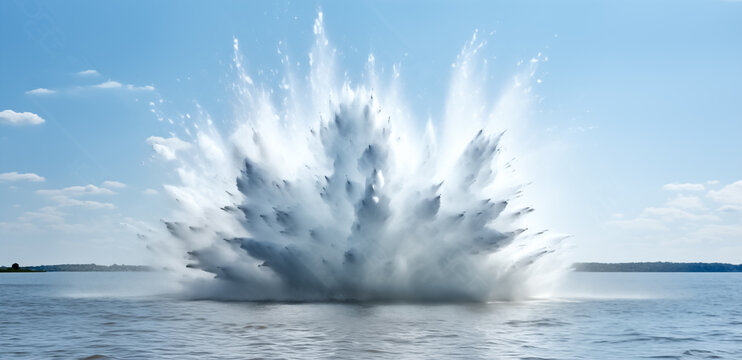 Huge water fountain caused by a sub-surface sea mine explosion in the ocean.