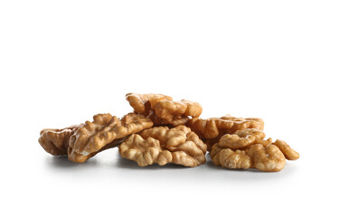 Tasty walnuts on white background