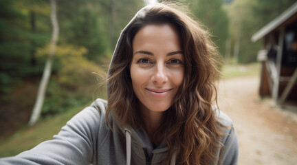 A portrait of a beautiful 34 year old French woman looking at the camera being happy, playful, wearing a colored hoodie, radiant, in nature