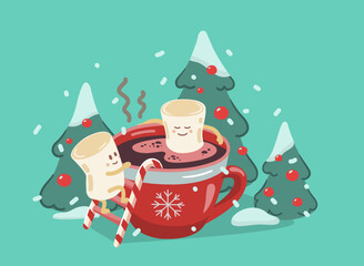 Vector illustration with marshmallows relaxing in a hot coco.