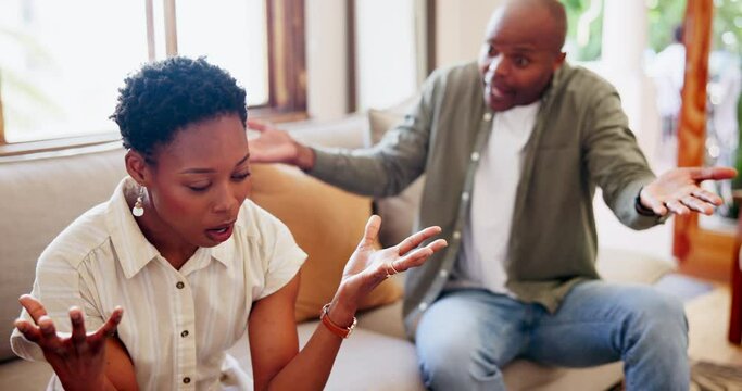 Frustrated black couple, fight and conflict on sofa in argument, disagreement or ignore at home. African man or woman in toxic relationship, breakup or cheating affair in living room divorce at house