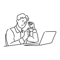 Businessman working on laptop and holding a credit card. Outline vector illustration.