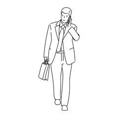 businessman walking with using cellphone and holding briefcase over white background line art vector illustration