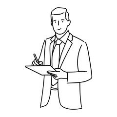 businessman writing on clipboard avatar character icon vector illustration design in black and white line art