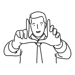 Man with working shirt making a finger gesture. Vector illustration in minimalist outline style.