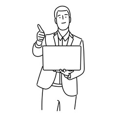 Businessman working on laptop with thumb up. Vector illustration in outline style.