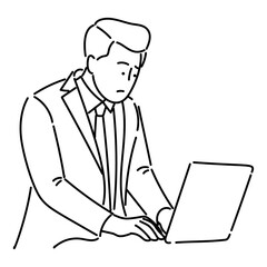 Businessman working on laptop. Vector illustration in line art style.