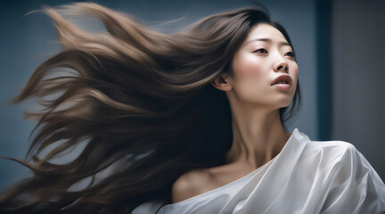 ロングヘアの美しい日本人女性モデルのポートレート - obrazy, fototapety, plakaty