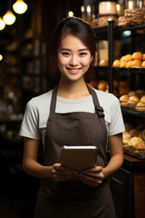 Asian barista with tablet at cafe entrance.