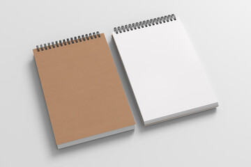 Notebook mockup. Closed and open blank notebook brown paper cover. Spiral notepad on white background