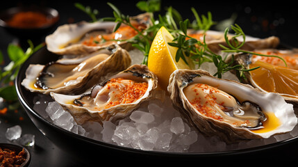 Open oysters with lemon slices, herbs and spices on a plate with crushed ice on a dark stone...