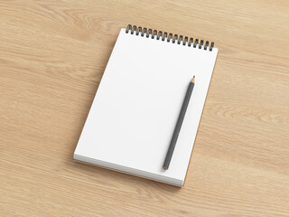 Notebook mockup. Blank notebook and pencil. Spiral notepad on wooden background