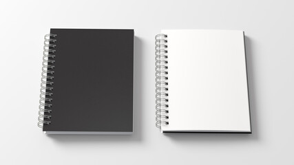 Notebook mockup. Closed and open blank notebook with black cover. Spiral notepad on white background - obrazy, fototapety, plakaty