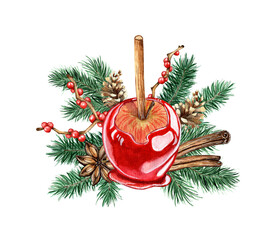 Watercolor illustration of a Christmas apple in caramel, fir branches, pine cone, branches with red berries, cinnamon. Isolated composition for posters, cards, banners, flyers, covers
