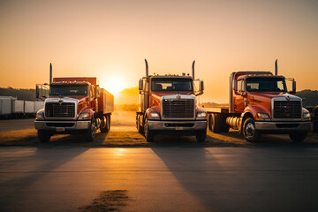 Três caminhões estacionados com o por do sol atrás