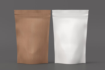 White and craft packaging pouches mockup for tea, coffee, snack on gray background