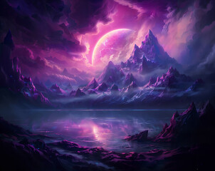 Fantasy pink and purple mountain landscape with majestic clouds and a large planet in the sky.
