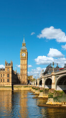 Fototapeta na wymiar Westminster bridge in London, view towards London Parliament and Big Ben tower