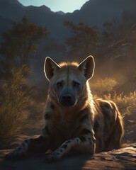 hyena at sunset - obrazy, fototapety, plakaty