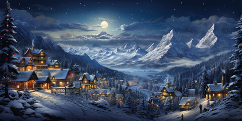 Ski resort in mountains at Christmas night, landscape of village, snow, sky and moon in winter. Theme of travel, stunning view, New Year holiday, forest, fairy tale scene