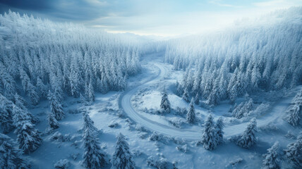 Aerial view of snowy winding road in woods in winter. Landscape of white forest with snow, sky and frozen trees. Concept of nature, travel, Siberia, Norway, country, season, - obrazy, fototapety, plakaty