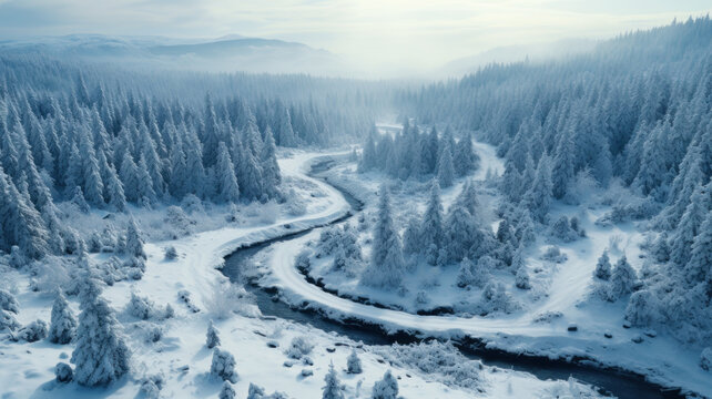 Aerial view of winding river in snowy woods in winter. Landscape of white forest with snow and trees. Concept of nature, travel, Siberia, Norway, country, season, flight, north